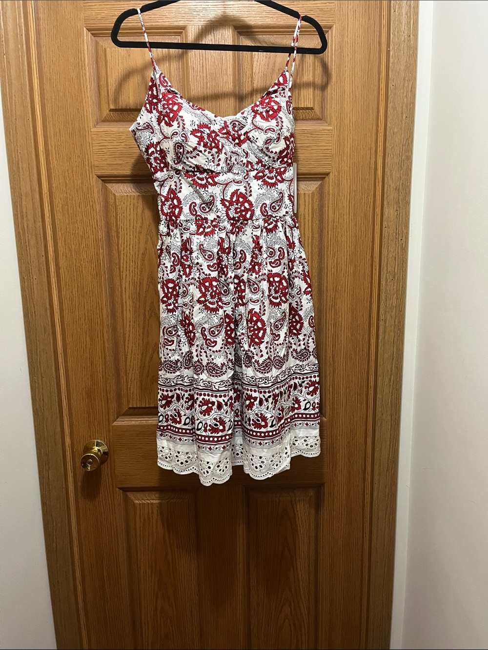 Oleg Cassini White and Red Printed Eyelet Midi Dress
